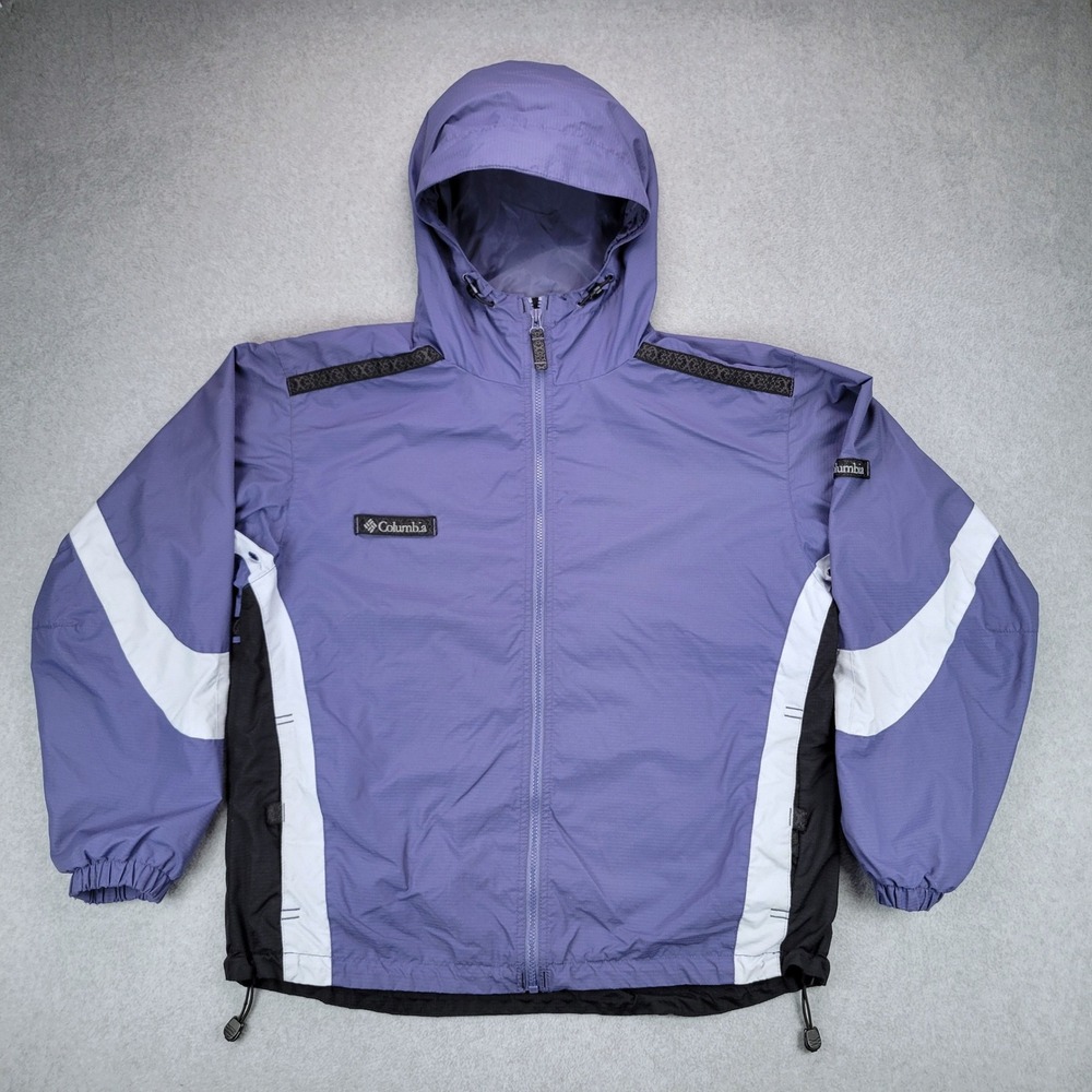 Columbia Windbreaker Jacket Womens L Purple Colorblock Packable Nylon Hooded